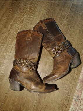 Studded Boho Brown Leather Western Boots - Women